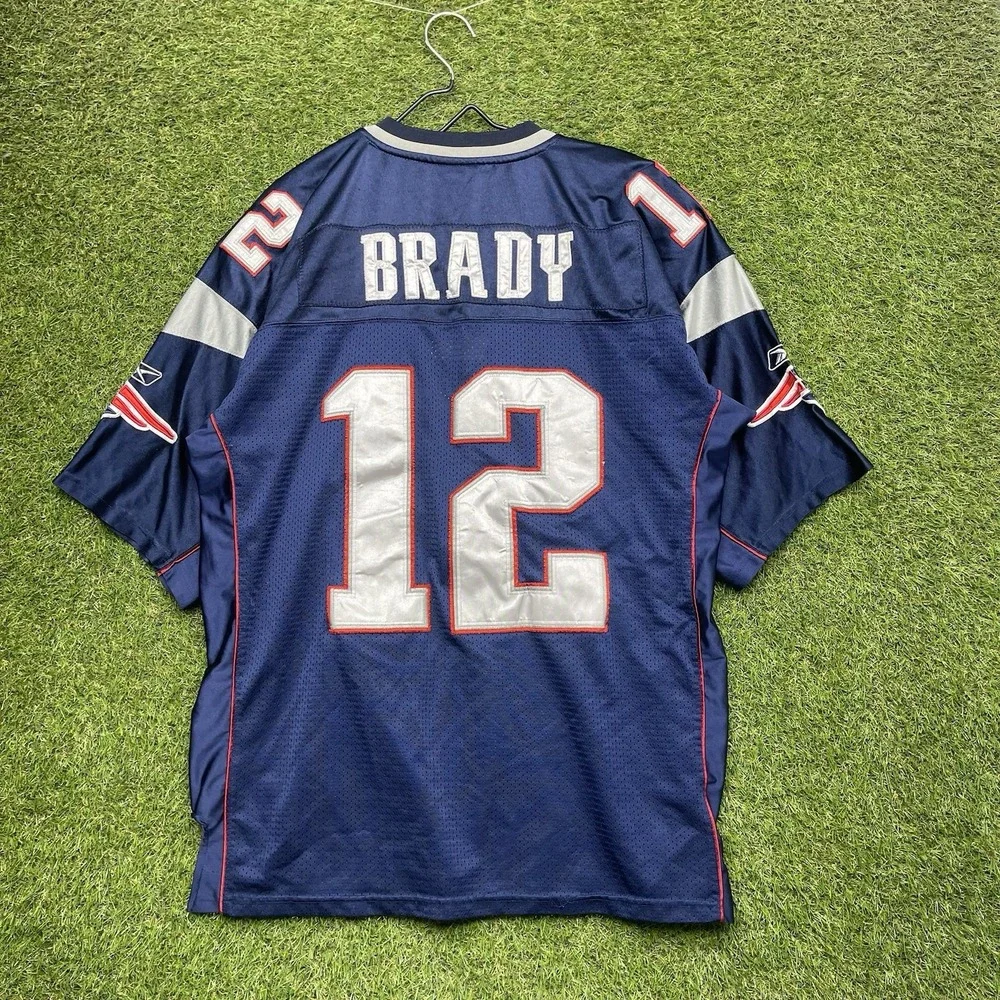 Vintage New England Patriots Reebok Jersey Mens 52 Tom Brady NFL #12 Blue Print